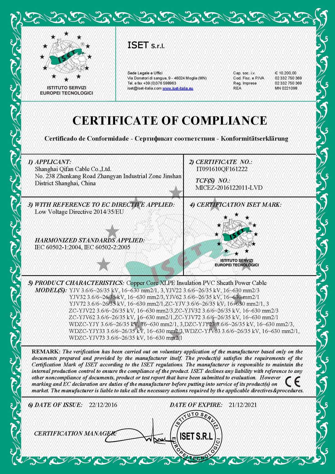 CE certificate - MV Power Cable