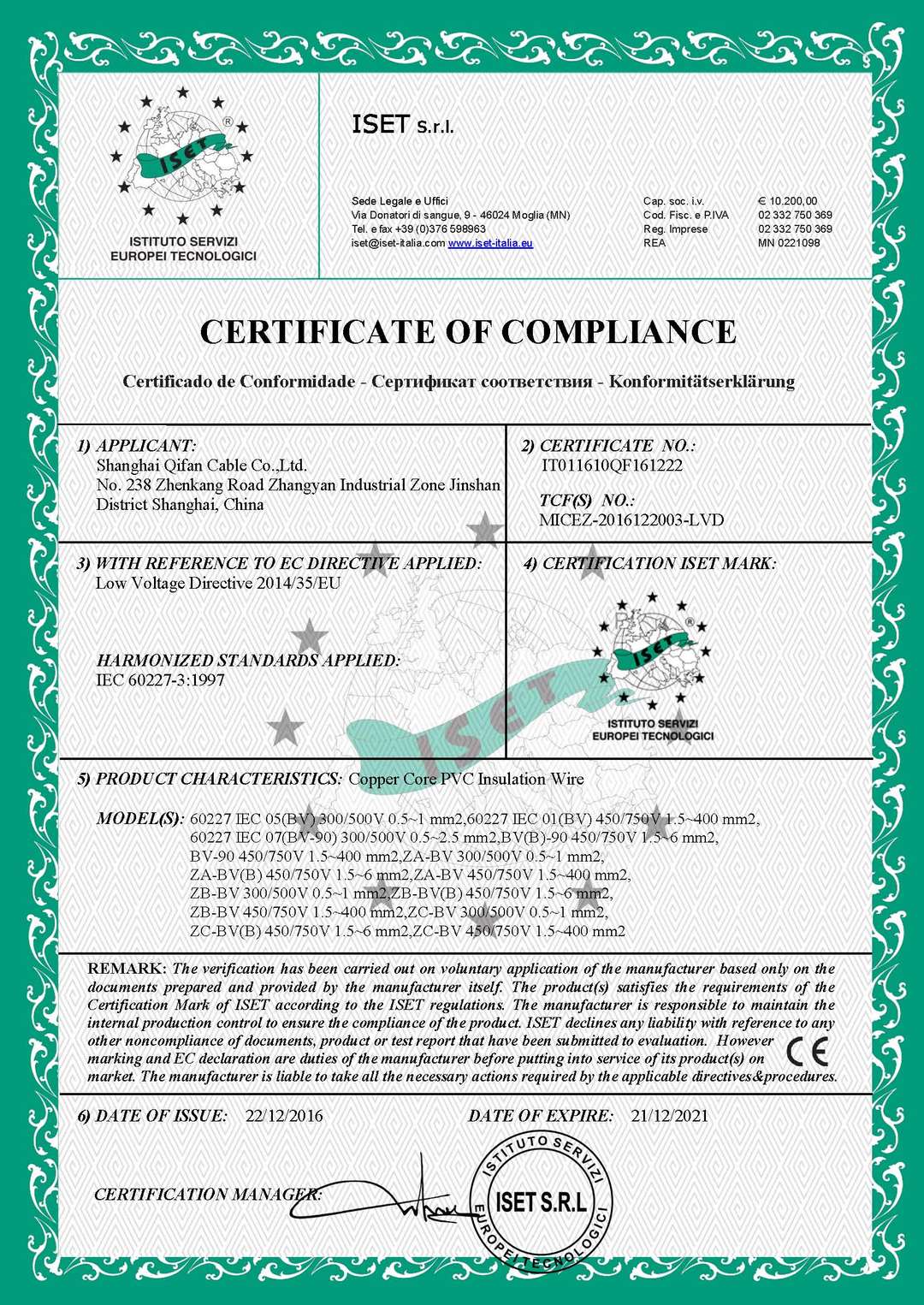 CE certificate - Building wire